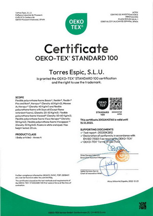 сертификат соответствия на матрасы: Піна_Tores_Oeko-Tex-15.12.2023